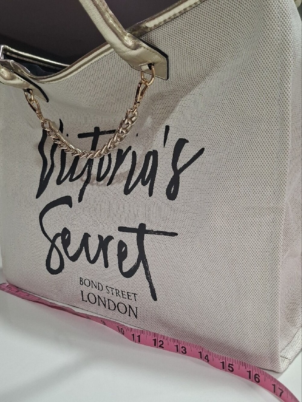 Victoria's Secret Beige and Black Canvas Tote with Gold Chain Trim - Picture 3 of 5